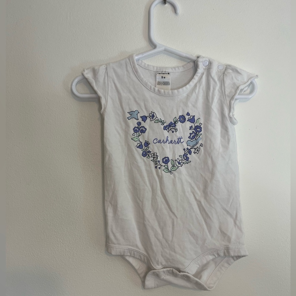 Carhartt White Onesie with Blue Floral Heart